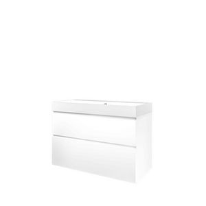 Set Proline polystone Loft wastafel glans wit met 1 kraangat onderkast asymmetrisch mat wit 100x46cm