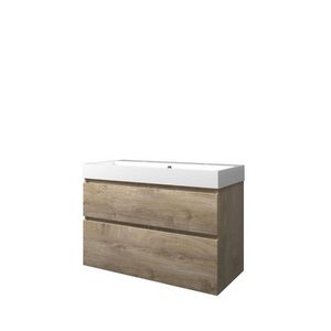 Set Proline polystone Loft wastafel glans wit met 2 kraangaten onderkast asymmetrisch raw oak 100x46cm