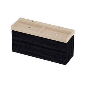 Evoli Set hardsteen Loft wastafel dubbele wasbak met 2 kraangaten en onderkast a-symmetrisch 1400x460x700mm Sand stone/Black oak