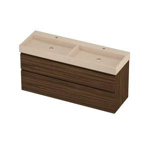 Evoli Set hardsteen Loft wastafel dubbele wasbak met 2 kraangaten en onderkast a-symmetrisch 1400x460x700mm Sand stone/Cabana oak