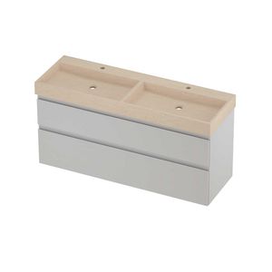 Evoli Set hardsteen Loft wastafel dubbele wasbak met 2 kraangaten en onderkast a-symmetrisch 1400x460x700mm Sand stone/glans wit