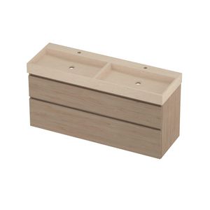 Evoli Set hardsteen Loft wastafel dubbele wasbak met 2 kraangaten en onderkast a-symmetrisch 1400x460x700mm Sand stone/Ideal oak