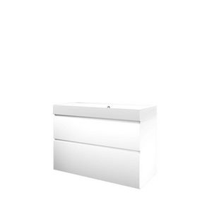 Set Proline polystone Loft wastafel glans wit met 2 kraangaten onderkast asymmetrisch mat wit 100x46cm