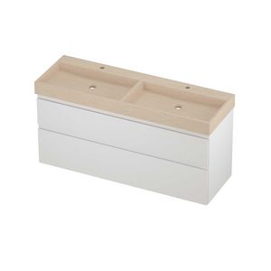 Evoli Set hardsteen Loft wastafel dubbele wasbak met 2 kraangaten en onderkast a-symmetrisch 1400x460x700mm Sand stone/mat wit