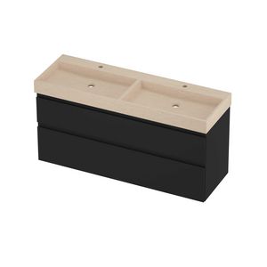 Evoli Set hardsteen Loft wastafel dubbele wasbak met 2 kraangaten en onderkast a-symmetrisch 1400x460x700mm Sand stone/mat zwart