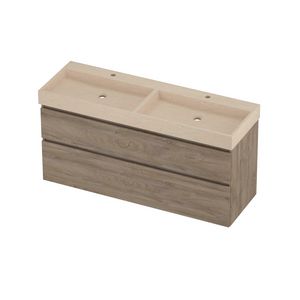 Evoli Set hardsteen Loft wastafel dubbele wasbak met 2 kraangaten en onderkast a-symmetrisch 1400x460x700mm Sand stone/Raw oak