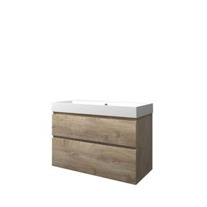 Set Proline polystone Loft wastafel mat wit zonder kraangat onderkast asymmetrisch raw oak 100x46cm