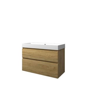 Set Proline polystone Loft wastafel mat wit met 2 kraangaten onderkast asymmetrisch ideal oak 100x46cm