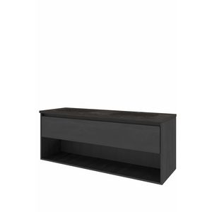 Set Proline hardsteen Elegant dubb. wastafel met 2 kraangaten onderkast 1x lade+schap black oak 140x46cm