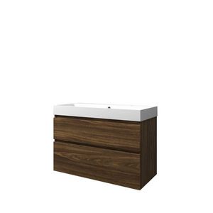 Set Proline polystone Loft wastafel mat wit met 2 kraangaten onderkast asymmetrisch cabana oak 100x46cm