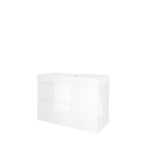 Set Proline polystone Loft wastafel mat wit met 2 kraangaten onderkast asymmetrisch glans wit 100x46cm