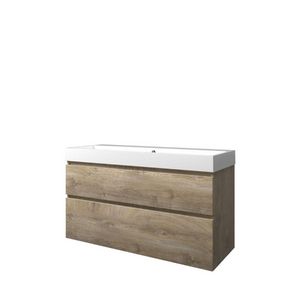 Set Proline polystone Loft enkele wastafel glans wit zonder kraangat onderkast asymmetrisch raw oak 120x46cm