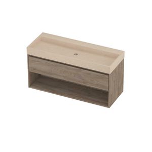 Evoli Set hardsteen Loft wastafel centraal zonder kraangat en onderkast met schap 1200x460x620mm Sand stone/Raw oak