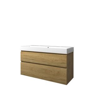 Set Proline polystone Loft enkele wastafel glans wit met 2 kraangaten onderkast asymmetrisch Ideal oak 120x46cm