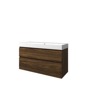 Set Proline polystone Loft enkele wastafel glans wit met 2 kraangaten onderkast asymmetrisch cabana oak 120x46cm