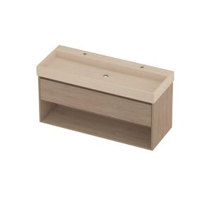 Evoli Set hardsteen Loft wastafel centraal met 2 kraangaten en onderkast met schap 1200x460x620mm Sand stone/Ideal oak