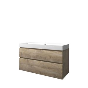 Set Proline polystone Loft enkele wastafel mat wit zonder kraangat onderkast asymmetrisch raw oak 120x46cm