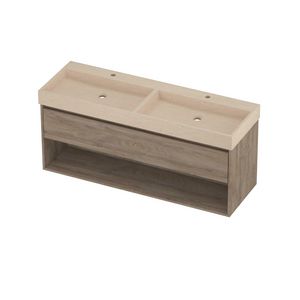 Evoli Set hardsteen Loft wastafel dubbele wasbak met 2 kraangaten en onderkast met schap 1400x460x620mm Sand stone/Raw oak