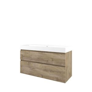 Set Proline polystone Loft enkele wastafel mat wit met 1 kraangat onderkast asymmetrisch raw oak 120x46cm