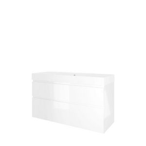 Set Proline polystone Loft enkele wastafel mat wit met 2 kraangaten onderkast asymmetrisch glans wit 120x46cm