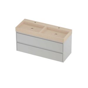 Evoli Set hardsteen Loft wastafel dubbele wasbak met 2 kraangaten en onderkast symmetrisch 1200x460x620mm Sand stone/glans wit