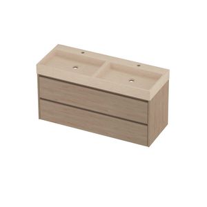 Evoli Set hardsteen Loft wastafel dubbele wasbak met 2 kraangaten en onderkast symmetrisch 1200x460x620mm Sand stone/Ideal oak