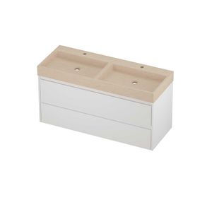 Evoli Set hardsteen Loft wastafel dubbele wasbak met 2 kraangaten en onderkast symmetrisch 1200x460x620mm Sand stone/mat wit