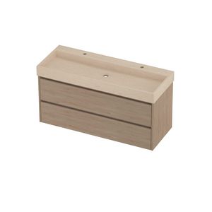 Evoli Set hardsteen Loft wastafel centraal met 2 kraangaten en onderkast symmetrisch 1200x460x620mm Sand stone/Ideal oak