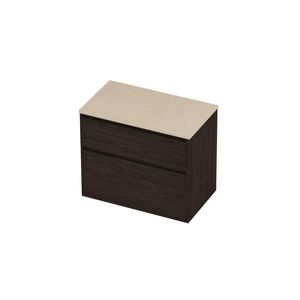 Deck Set Top afdekplaat hardsteen en onderkast greeploos 2 laden a-symmetrisch in kader 800x460x670mm Sand stone/Mokka oak