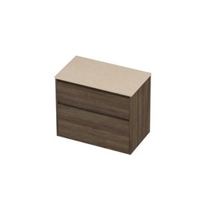 Deck Set Top afdekplaat hardsteen en onderkast greeploos 2 laden a-symmetrisch in kader 800x460x670mm Sand stone/Vital oak