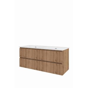 Porselein wastafel dubbel 2 kraangat onderkast 1200X460X540 Urban oak / glans wit