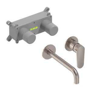 Wandmengkraanset FORMA 2-gats geborsteld nickel PVD incl. inbouwbox (mengdeel rechts/ uitloop links) MAY