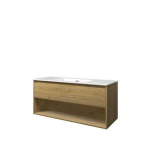 Set Proline porselein Elegant enkele wastafel wit zonder kraangat onderkast 1x lade+schap ideal oak 120x46cm