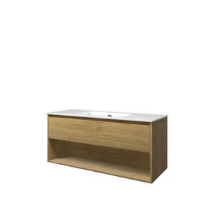 Set Proline porselein Elegant enkele wastafel wit met 1 kraangat onderkast 1x lade+schap ideal oak 120x46cm