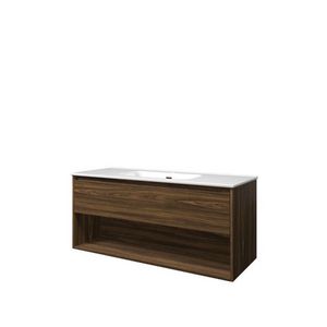 Set Proline porselein Elegant enkele wastafel wit met 1 kraangat onderkast 1x lade+schap cabana oak 120x46cm
