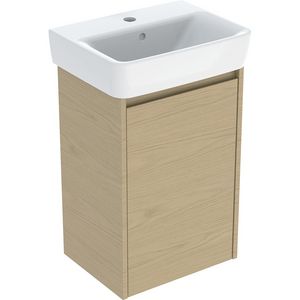 set fontein met onderkast één deur: 45x69.7x34cm Breedte wastafel=45cm Wastafel: wit Corpus Front: eik naturel / Melamine houtstructuur