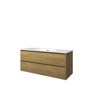 Set Proline porselein Elegant enkele wastafel wit met 1 kraangat onderkast symmetrisch ideal oak 120x46cm