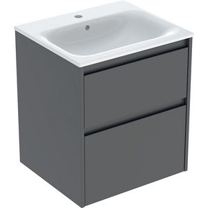 set meubelwastafel smalle rand met onderkast 2x la: 55x62.1x48cm Breedte wastafel=55cm Wastafel: wit / KeraTect Corpus Front: lava / gelakt zijdemat