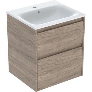 set meubelwastafel smalle rand met onderkast 2x la: 55x62.1x48cm Breedte wastafel=55cm Wastafel: wit / KeraTect Corpus Front: walnoot hickory / Melamine houtstructuur