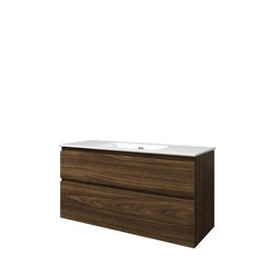 Set Proline porselein Elegant enkele wastafel wit zonder kraangat onderkast asymmetrisch cabana oak 120x46cm