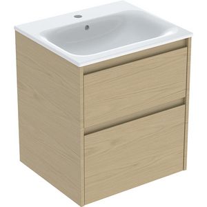 set meubelwastafel smalle rand met onderkast 2x la: 55x62.1x48cm Breedte wastafel=55cm Wastafel: wit / KeraTect Corpus Front: eik naturel / Melamine houtstructuur