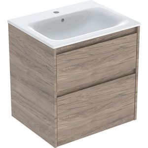 set meubelwastafel smalle rand met onderkast 2x la: 60x62.1x48cm Breedte wastafel=60cm Wastafel: wit / KeraTect Corpus Front: walnoot hickory / Melamine houtstructuur