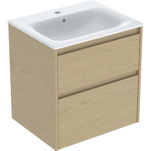 set meubelwastafel smalle rand met onderkast 2x la: 60x62.1x48cm Breedte wastafel=60cm Wastafel: wit / KeraTect Corpus Front: eik naturel / Melamine houtstructuur
