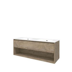 Set Proline porselein Elegant dubb. wastafel wit zonder kraangat onderkast 1x lade+schap raw oak 140x46cm