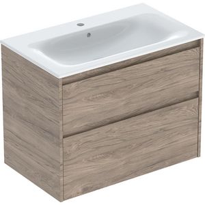 set meubelwastafel smalle rand met onderkast 2x la: 80x62.1x48cm Breedte wastafel=80cm Wastafel: wit / KeraTect Corpus Front: walnoot hickory / Melamine houtstructuur