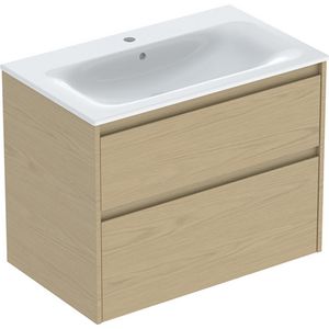 set meubelwastafel smalle rand met onderkast 2x la: 80x62.1x48cm Breedte wastafel=80cm Wastafel: wit / KeraTect Corpus Front: eik naturel / Melamine houtstructuur