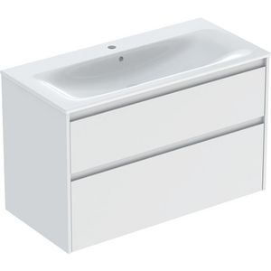 set meubelwastafel smalle rand met onderkast 2x la: 100x62.1x48cm Breedte wastafel=100cm Wastafel: wit / KeraTect Corpus Front: wit / gelakt zijdemat