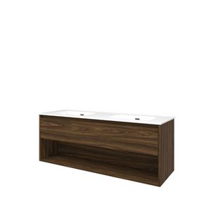 Set Proline porselein Elegant dubb. wastafel wit zonder kraangat onderkast 1x lade+schap cabana oak 140x46cm