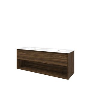 Set Proline porselein Elegant dubb. wastafel wit met 2 kraangaten onderkast 1x lade+schap cabana oak 140x46cm