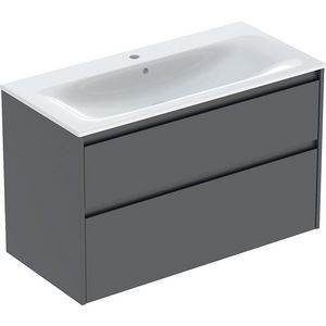 set meubelwastafel smalle rand met onderkast 2x la: 100x62.1x48cm Breedte wastafel=100cm Wastafel: wit / KeraTect Corpus Front: lava / gelakt zijdemat